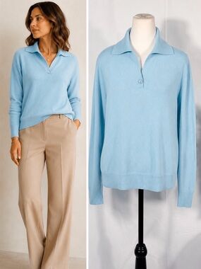 💥NWT Prive 100% Cashmere Polo Sweater Aquamarine Collared Pullover Sz L🧡